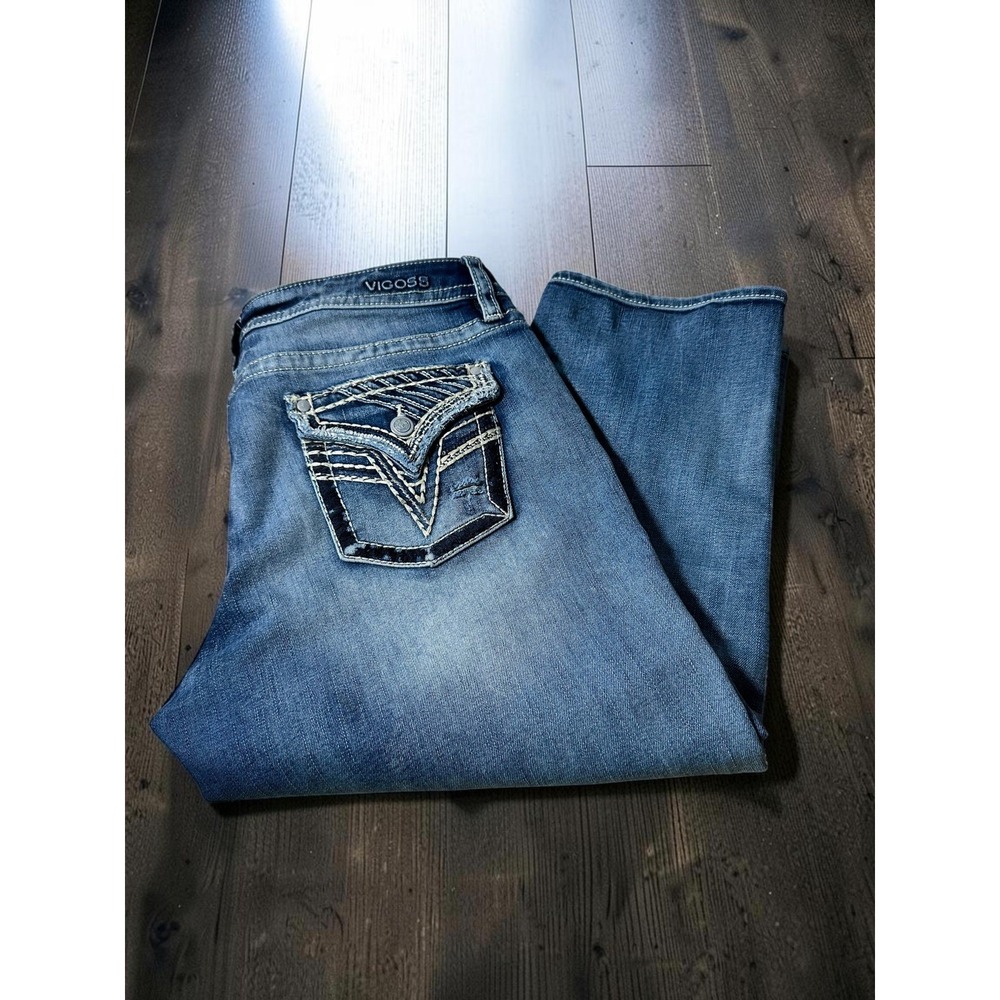 Vigoss Women 14 Capri Jeans Medium Wash Distressed Embroidered Flap Pocket Blue - Picture 4 of 9